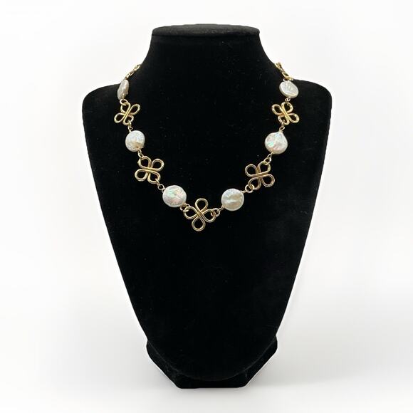 Designer Coin Pearls Necklace Gold Plated Knot Design 16 In Choker Signed - Picture 1 of 7